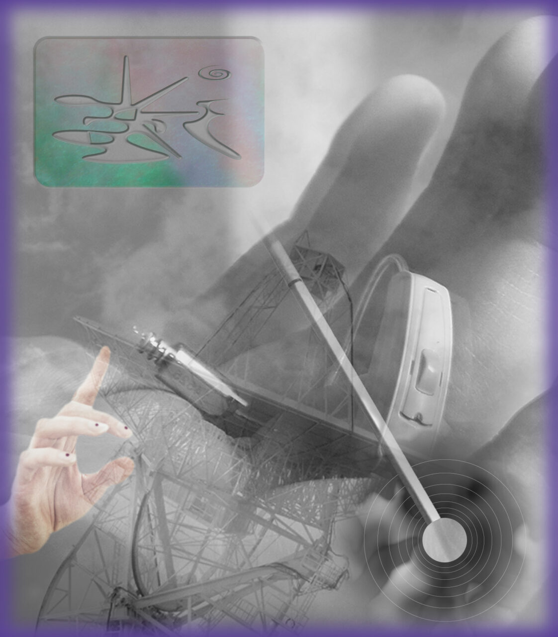 A rectangular portal is framed by a radiant purple glow. Inside, an array of collaborative imagery has been collaged, mostly greyscale. A hearing aid is cradled in the palm of a hand, within a beam of light. This personal listening device is overlaid with an image of a radio astronomy telescope, its receiving dish pointed towards the sky. The receiving dish is supported by structural engineering in the form of a geometric scaffold. Above the dish, an antenna is held aloft. Its listening probe overlaps the central electronics of the hearing aid technology: micro and macro listening. An image of a white mobility cane has been overlaid diagonally across the hand. At its tip, its roller ball has been transformed into a glowing orb, emitting sound waves, signalled by concentric circles pulsing outwards. Another hand reaches into the frame, captured mid-expressive gesture. This hand is not greyscale but pale pink porcelain, and is smaller in scale than the hearing aid. On each of the three visible fingers, the nail tips are decorated with a maroon dot. In the top left corner of the image, there is a small window, also rectangular, framing an assemblage of shapes, suggestive of an imaginary glyph or letterform. The smooth, bevelled edges of the glyph lend an embossed 3D effect, so that the abstracted glyph appears to protrude from the image plane. The glyph incorporates rounded shapes, spikes that reach outward, like a crown, and a spiral whorl.